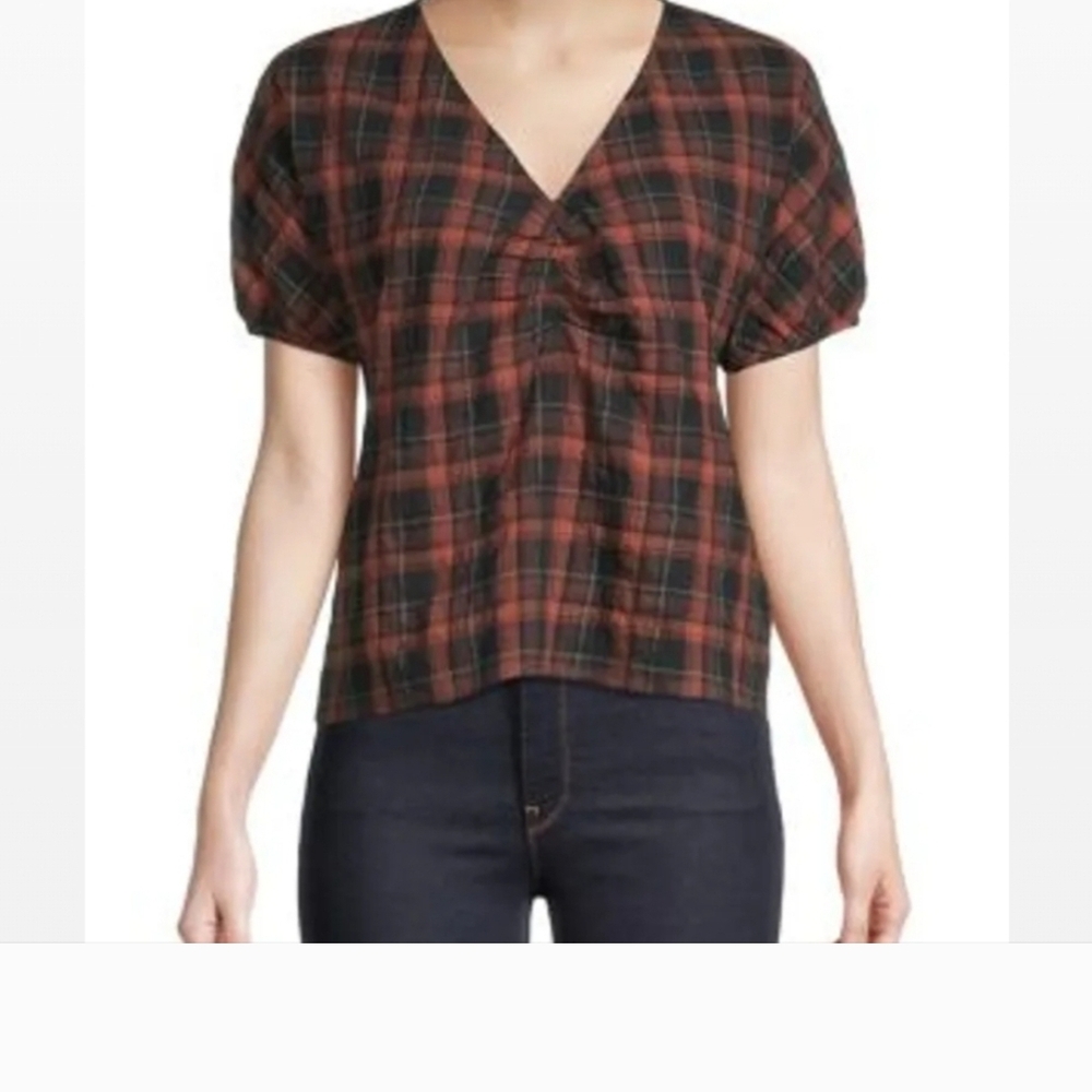Madewell Red and Black Plaid V-Neck Blouse